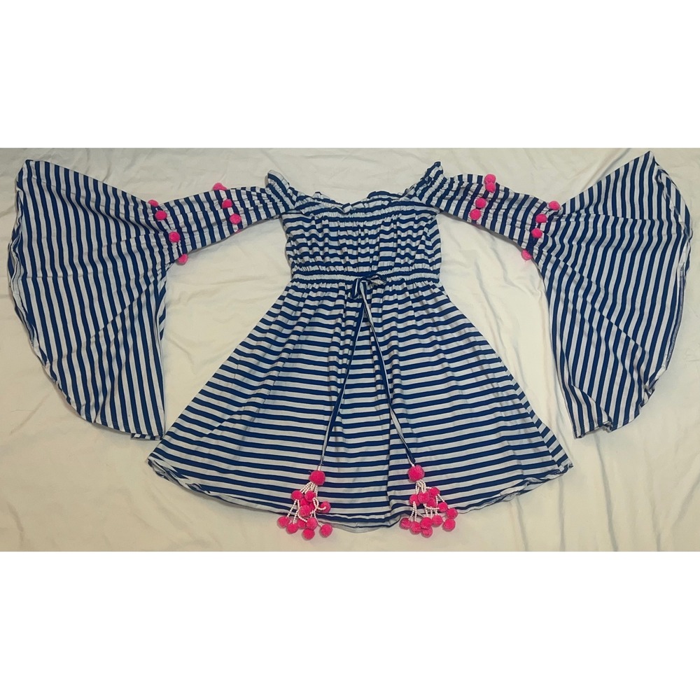 Sundress Girls XS S Royal Blue Stripe Bell Sleeve Hot Pink Pom Pom Tassel Dress